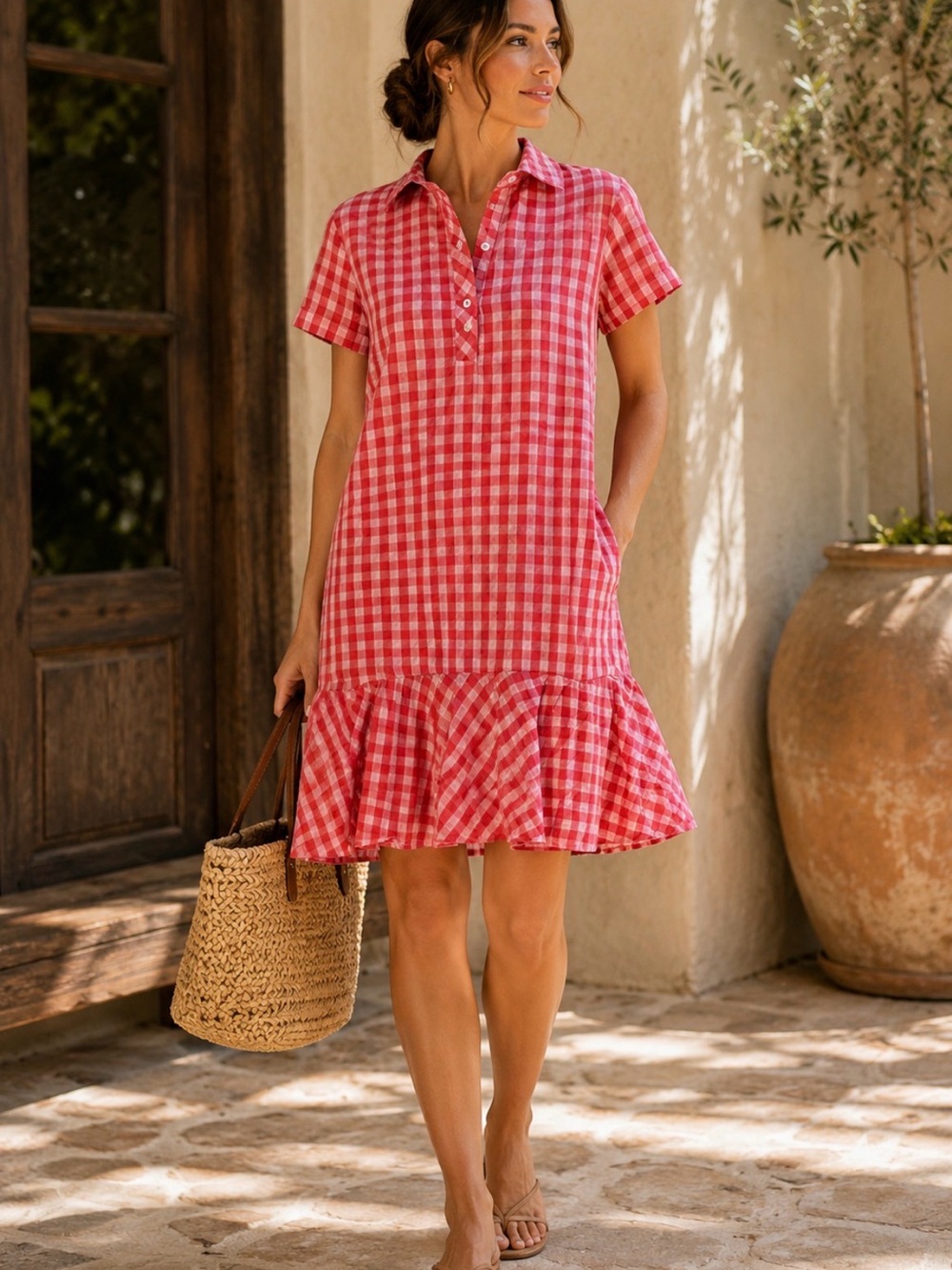 Tuckernuck Pink Red Gingham Ruffle Hem Shirt Dress Size Small